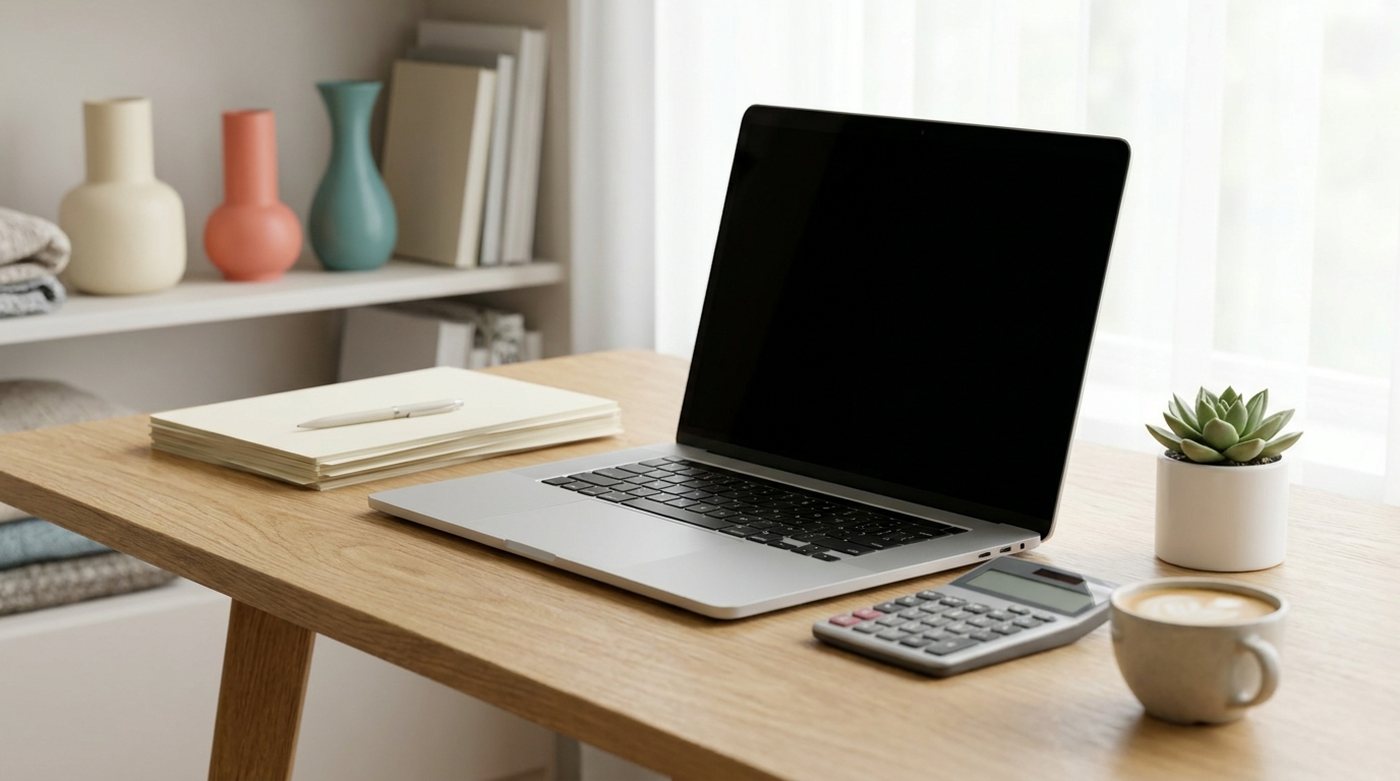 A tidy, organized desk with a laptop, calculator, coffee and a small plant